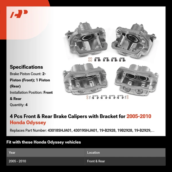 4 Pcs Front & Rear Brake Calipers with Bracket for 2005-2010 Honda Odyssey