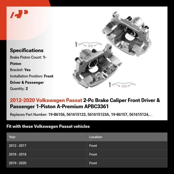 2012-2020 Volkswagen Passat 2-Pc Brake Caliper Front Driver & Passenger 1-Piston A-Premium APBC3361