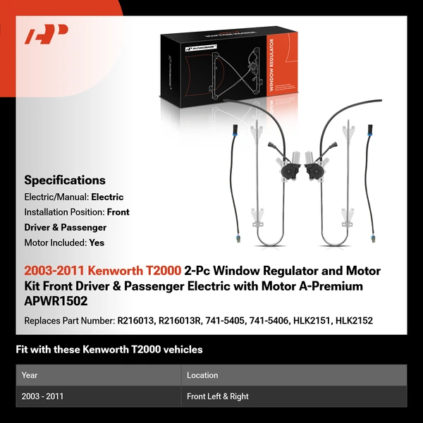 2003-2011 Kenworth T2000 2-Pc Window Regulator and Motor Kit Front Driver & Passenger Electric with Motor A-Premium APWR1502
