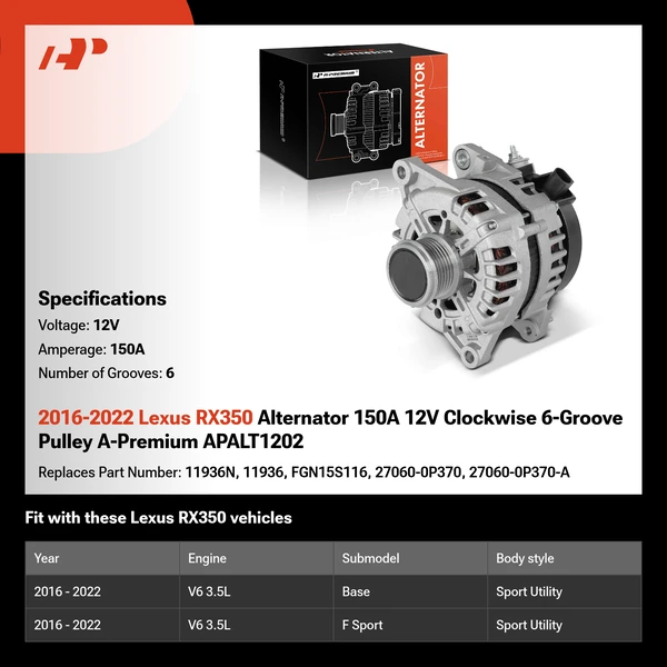 2016-2022 Lexus RX350 Alternator 150A 12V Clockwise 6-Groove Pulley A-Premium APALT1202