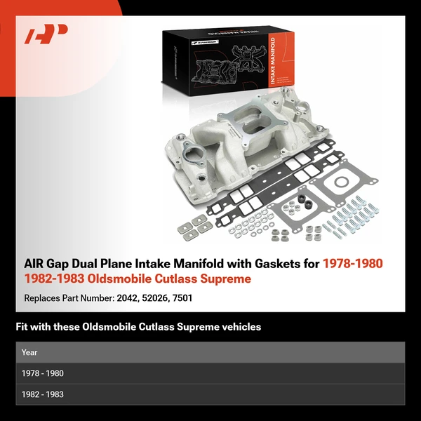 AIR Gap Dual Plane Intake Manifold with Gaskets for 1978-1980 1982-1983 Oldsmobile Cutlass Supreme