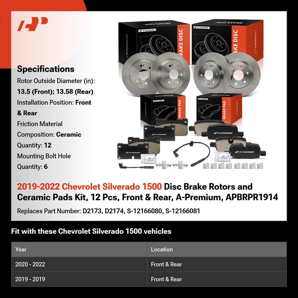 2019-2022 Chevrolet Silverado 1500 Disc Brake Rotors and Ceramic Pads Kit, 12 Pcs, Front & Rear, A-Premium, APBRPR1914