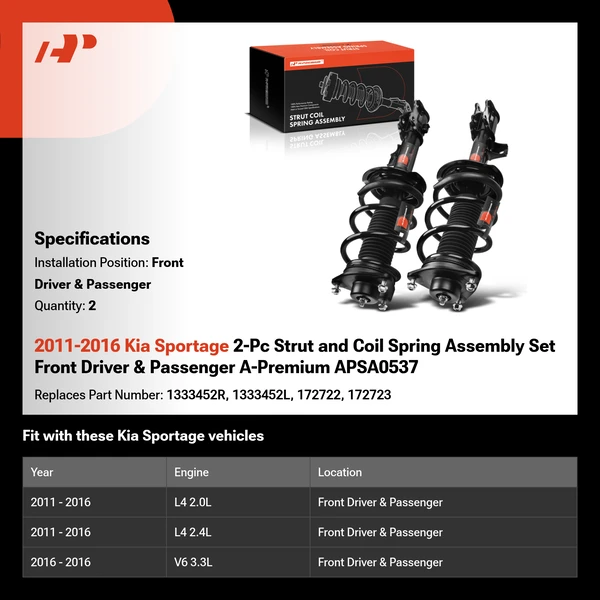 2011-2016 Kia Sportage 2-Pc Strut and Coil Spring Assembly Set Front Driver & Passenger A-Premium APSA0537