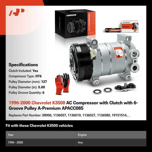 1996-2000 Chevrolet K3500 AC Compressor with Clutch with 6-Groove Pulley A-Premium APACC085