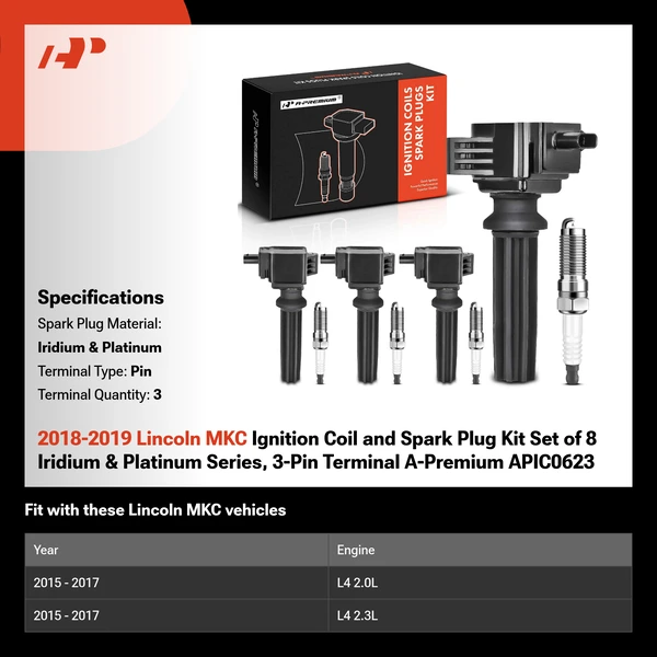 2018-2019 Lincoln MKC Ignition Coil and Spark Plug Kit Set of 8 Iridium & Platinum Series, 3-Pin Terminal A-Premium APIC0623