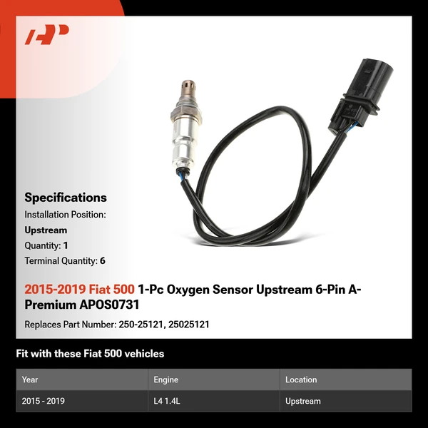2015-2019 Fiat 500 1-Pc Oxygen Sensor Upstream 6-Pin A-Premium APOS0731