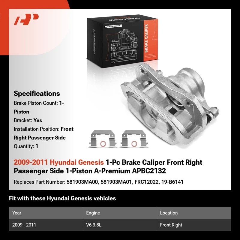 2009-2011 Hyundai Genesis 1-Pc Brake Caliper Front Right Passenger Side 1-Piston A-Premium APBC2132