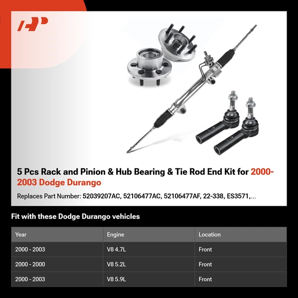 5 Pcs Rack and Pinion & Hub Bearing & Tie Rod End Kit for 2000-2003 Dodge Durango