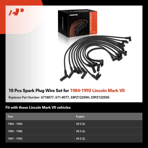 10 Pcs Spark Plug Wire Set for 1984-1992 Lincoln Mark VII