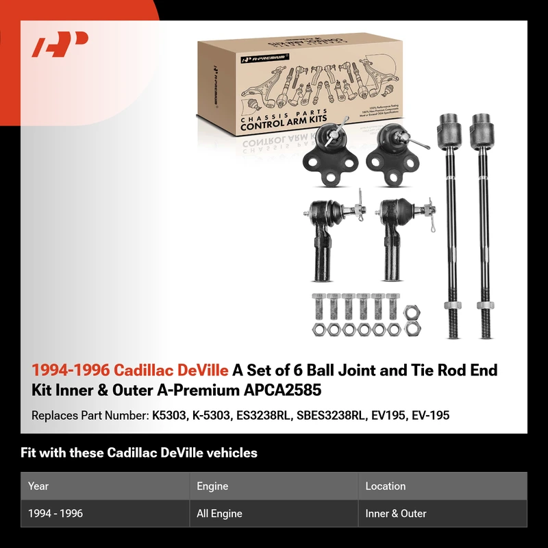 1994-1996 Cadillac DeVille A Set of 6 Ball Joint and Tie Rod End Kit Inner & Outer A-Premium APCA2585