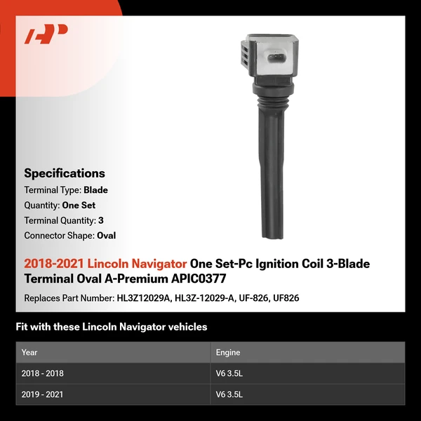 2018-2021 Lincoln Navigator One Set-Pc Ignition Coil 3-Blade Terminal Oval A-Premium APIC0377