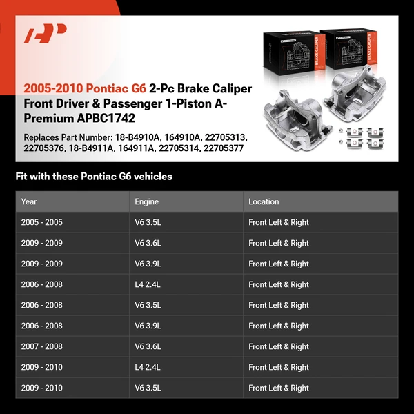 2005-2010 Pontiac G6 2-Pc Brake Caliper Front Driver & Passenger 1-Piston A-Premium APBC1742