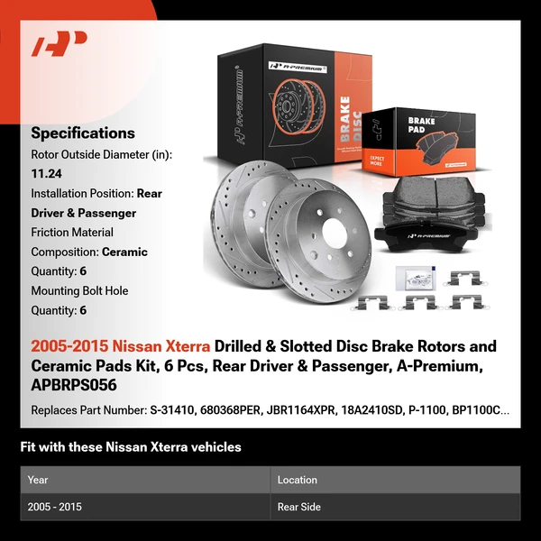 2005-2015 Nissan Xterra Drilled & Slotted Disc Brake Rotors and Ceramic Pads Kit, 6 Pcs, Rear Driver & Passenger, A-Premium, APBRPS056