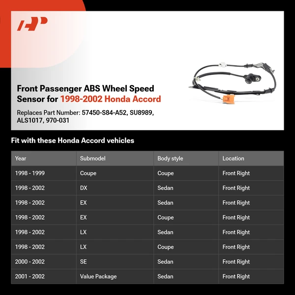 Front Passenger ABS Wheel Speed Sensor for 1998-2002 Honda Accord