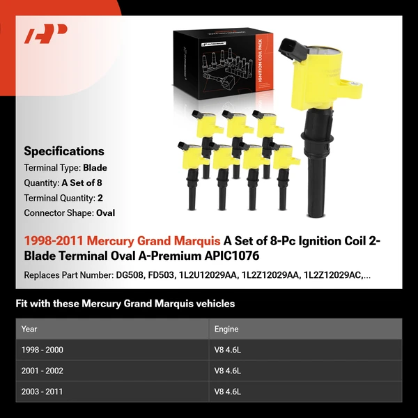 1998-2011 Mercury Grand Marquis A Set of 8-Pc Ignition Coil 2-Blade Terminal Oval A-Premium APIC1076