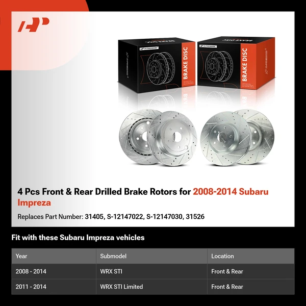 4 Pcs Front & Rear Drilled Brake Rotors for 2008-2014 Subaru Impreza