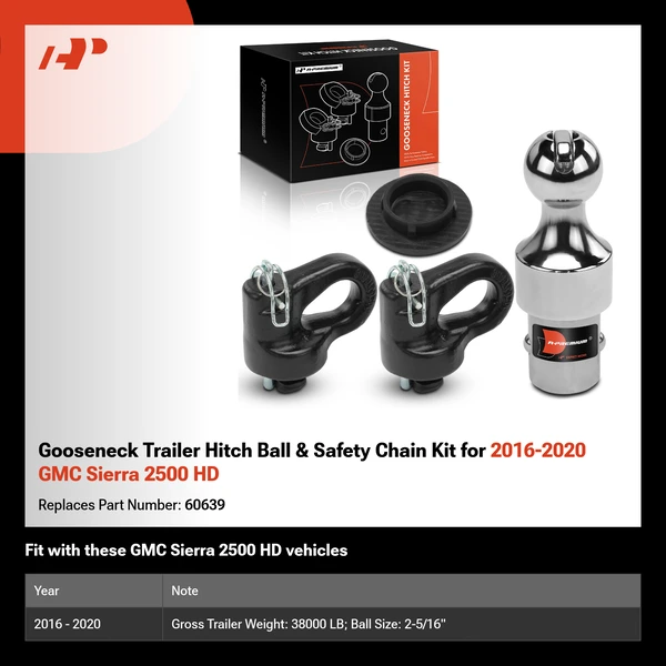 Gooseneck Trailer Hitch Ball & Safety Chain Kit for 2016-2020 GMC Sierra 2500 HD