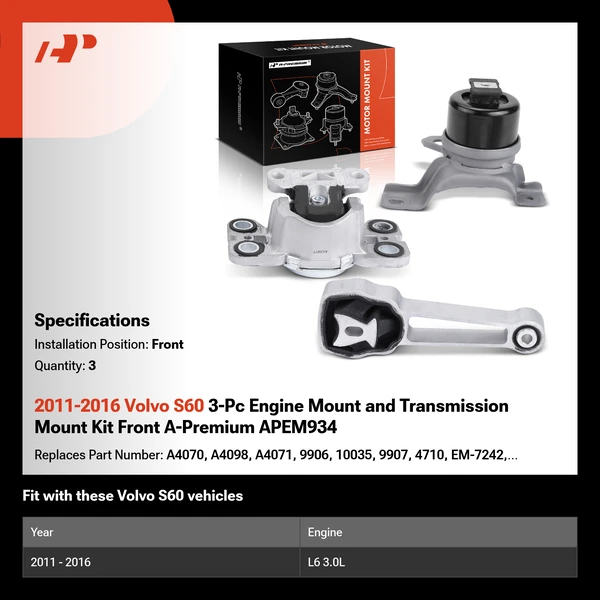 2011-2016 Volvo S60 3-Pc Engine Mount and Transmission Mount Kit Front A-Premium APEM934