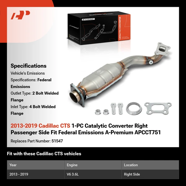 2013-2019 Cadillac CTS 1-PC Catalytic Converter Right Passenger Side Fit Federal Emissions A-Premium APCCT751