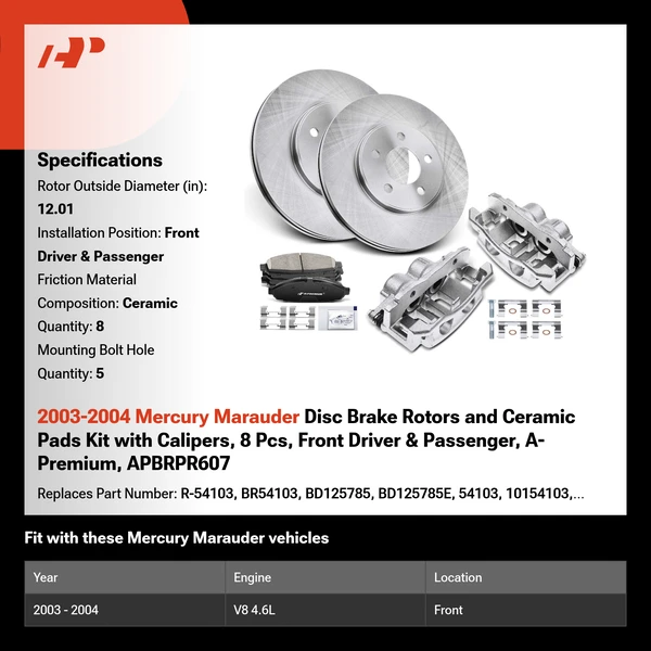 2003-2004 Mercury Marauder Disc Brake Rotors and Ceramic Pads Kit with Calipers, 8 Pcs, Front Driver & Passenger, A-Premium, APBRPR607