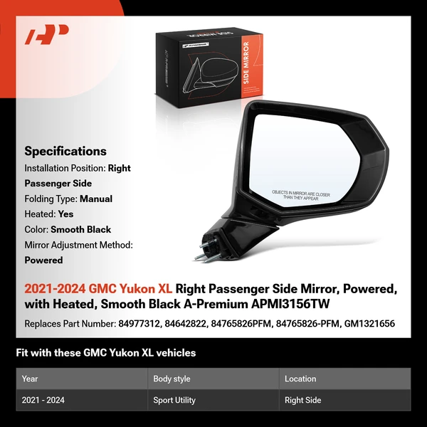 2021-2024 GMC Yukon XL Right Passenger Side Mirror, Powered, with Heated, Smooth Black A-Premium APMI3156TW