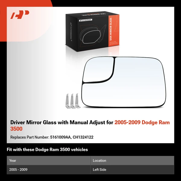 Driver Mirror Glass with Manual Adjust for 2005-2009 Dodge Ram 3500