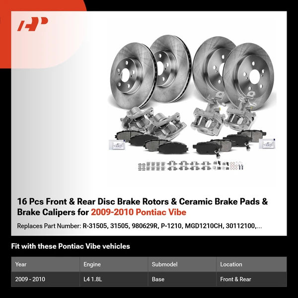 16 Pcs Front & Rear Disc Brake Rotors & Ceramic Brake Pads & Brake Calipers for 2009-2010 Pontiac Vibe