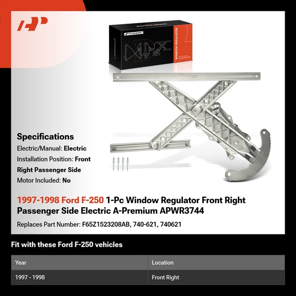 1997-1998 Ford F-250 1-Pc Window Regulator Front Right Passenger Side Electric A-Premium APWR3744