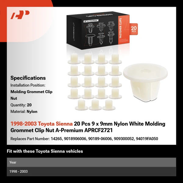 1998-2003 Toyota Sienna 20 Pcs 9 x 9mm Nylon White Molding Grommet Clip Nut A-Premium APRCF2721