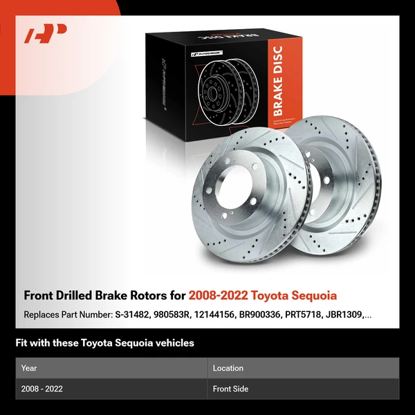 Front Drilled Brake Rotors for 2008-2022 Toyota Sequoia