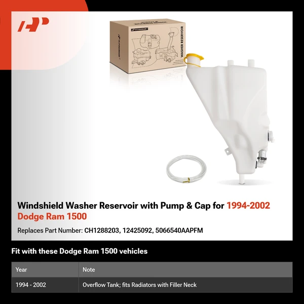 Windshield Washer Reservoir with Pump & Cap for 1994-2002 Dodge Ram 1500
