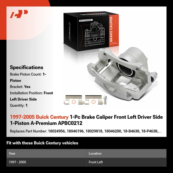1997-2005 Buick Century 1-Pc Brake Caliper Front Left Driver Side 1-Piston A-Premium APBC0212