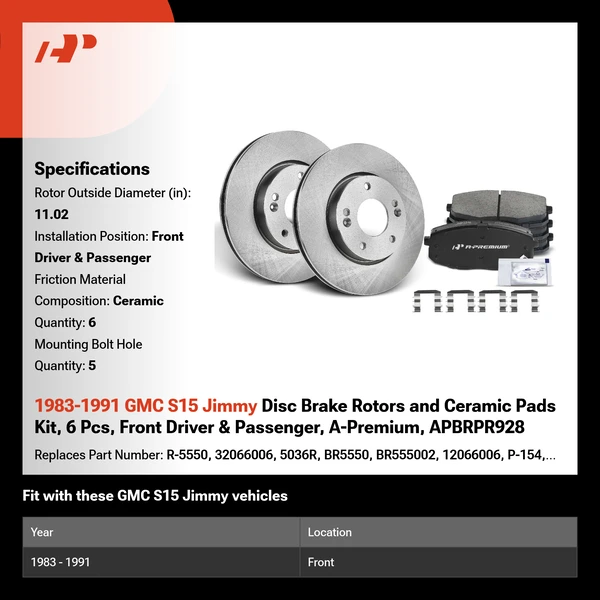 1983-1991 GMC S15 Jimmy Disc Brake Rotors and Ceramic Pads Kit, 6 Pcs, Front Driver & Passenger, A-Premium, APBRPR928
