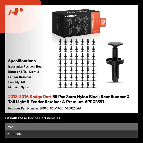 2013-2016 Dodge Dart 50 Pcs 8mm Nylon Black Rear Bumper & Tail Light & Fender Retainer A-Premium APRCF591