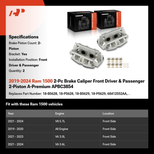 2019-2024 Ram 1500 2-Pc Brake Caliper Front Driver & Passenger 2-Piston A-Premium APBC3854