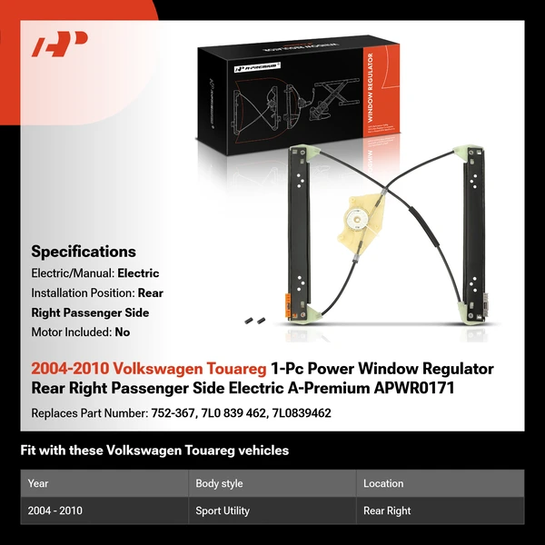 2004-2010 Volkswagen Touareg 1-Pc Power Window Regulator Rear Right Passenger Side Electric A-Premium APWR0171