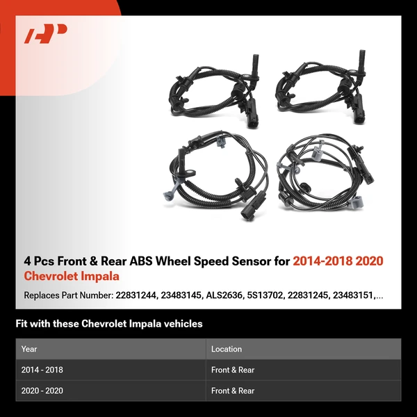 4 Pcs Front & Rear ABS Wheel Speed Sensor for 2014-2018 2020 Chevrolet Impala