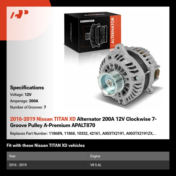 2016-2019 Nissan TITAN XD Alternator 200A 12V Clockwise 7-Groove Pulley A-Premium APALT870