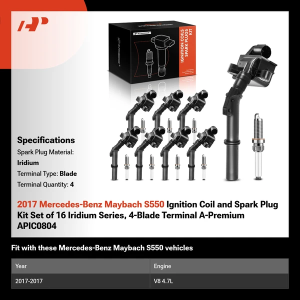 2017 Mercedes-Benz Maybach S550 Ignition Coil and Spark Plug Kit Set of 16 Iridium Series, 4-Blade Terminal A-Premium APIC0804