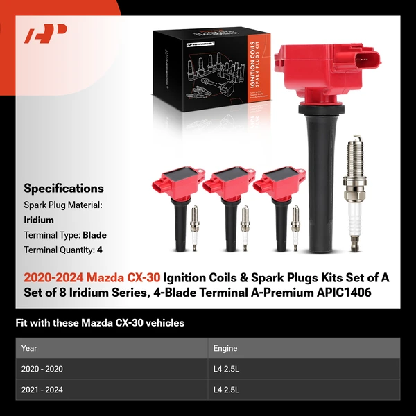 2020-2024 Mazda CX-30 Ignition Coils & Spark Plugs Kits Set of A Set of 8 Iridium Series, 4-Blade Terminal A-Premium APIC1406