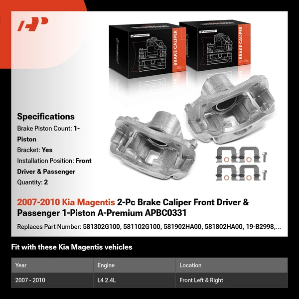 2007-2010 Kia Magentis 2-Pc Brake Caliper Front Driver & Passenger 1-Piston A-Premium APBC0331