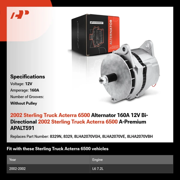 2002 Sterling Truck Acterra 6500 Alternator 160A 12V Bi-Directional 2002 Sterling Truck Acterra 6500 A-Premium APALT591