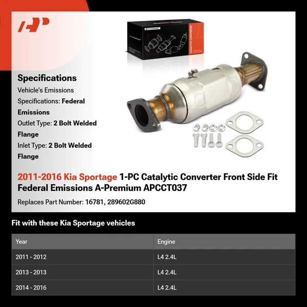 2011-2016 Kia Sportage 1-PC Catalytic Converter Front Side Fit Federal Emissions A-Premium APCCT037