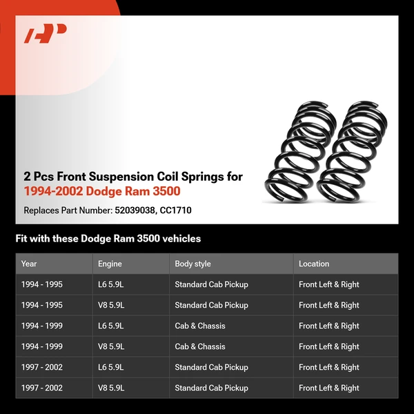 2 Pcs Front Suspension Coil Springs for 1994-2002 Dodge Ram 3500