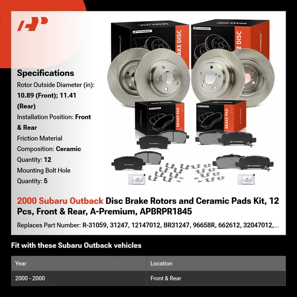 2000 Subaru Outback Disc Brake Rotors and Ceramic Pads Kit, 12 Pcs, Front & Rear, A-Premium, APBRPR1845