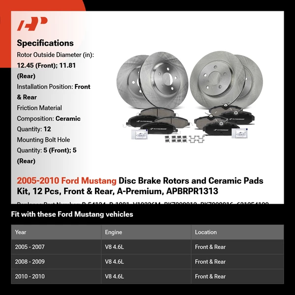 2005-2010 Ford Mustang Disc Brake Rotors and Ceramic Pads Kit, 12 Pcs, Front & Rear, A-Premium, APBRPR1313