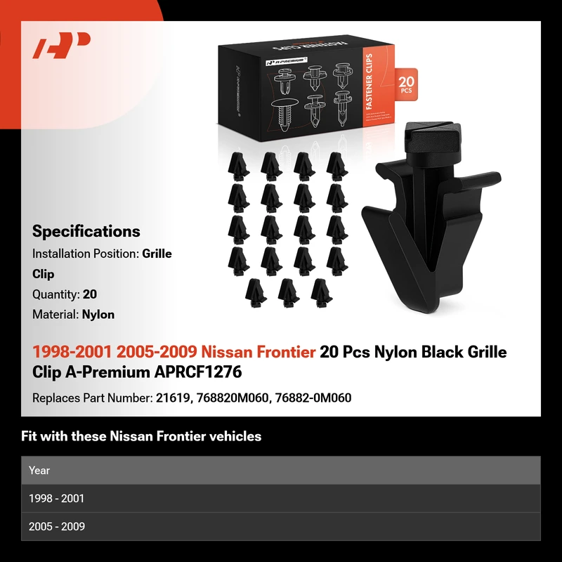 1998-2001 2005-2009 Nissan Frontier 20 Pcs Nylon Black Grille Clip A-Premium APRCF1276