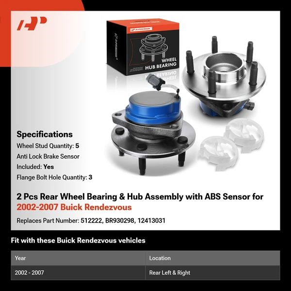 2 Pcs Rear Wheel Bearing & Hub Assembly with ABS Sensor for 2002-2007 Buick Rendezvous