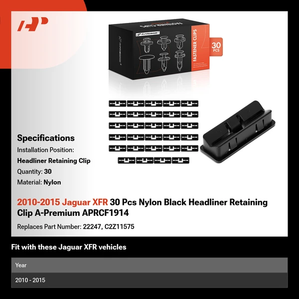 2010-2015 Jaguar XFR 30 Pcs Nylon Black Headliner Retaining Clip A-Premium APRCF1914