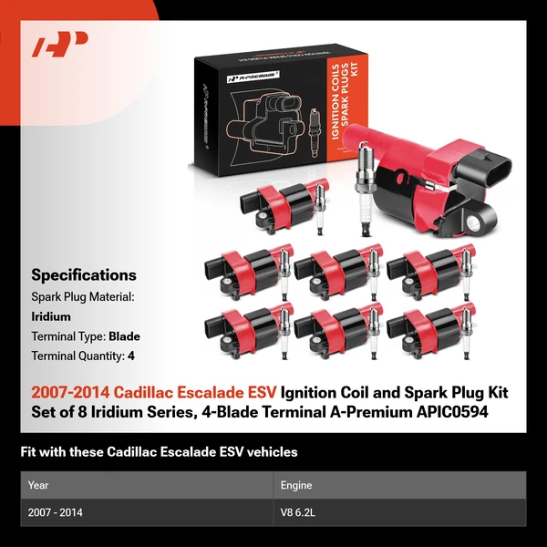 2007-2014 Cadillac Escalade ESV Ignition Coil and Spark Plug Kit Set of 8 Iridium Series, 4-Blade Terminal A-Premium APIC0594